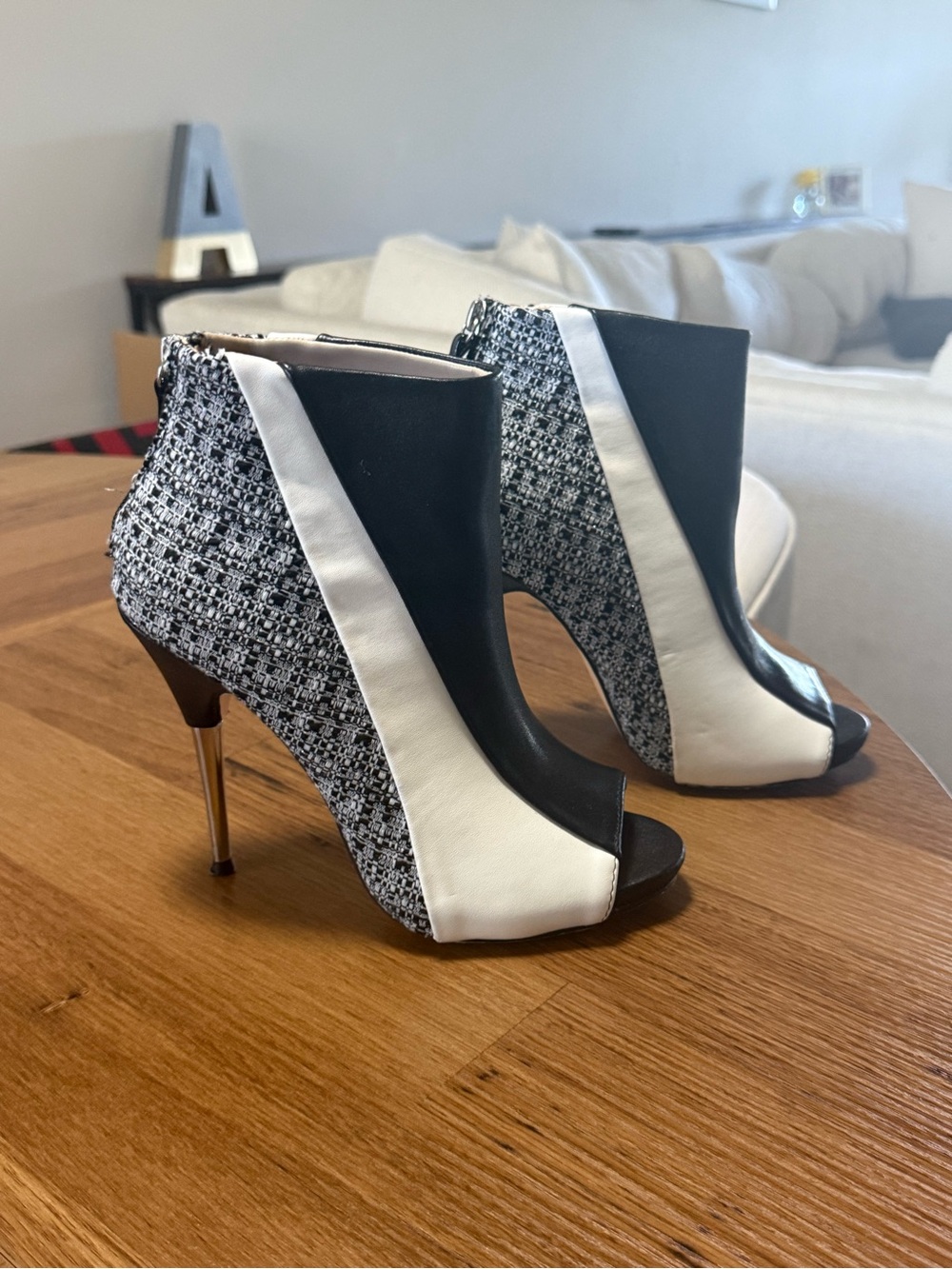 Black and White Tweed Peep-Toe Stiletto Booties